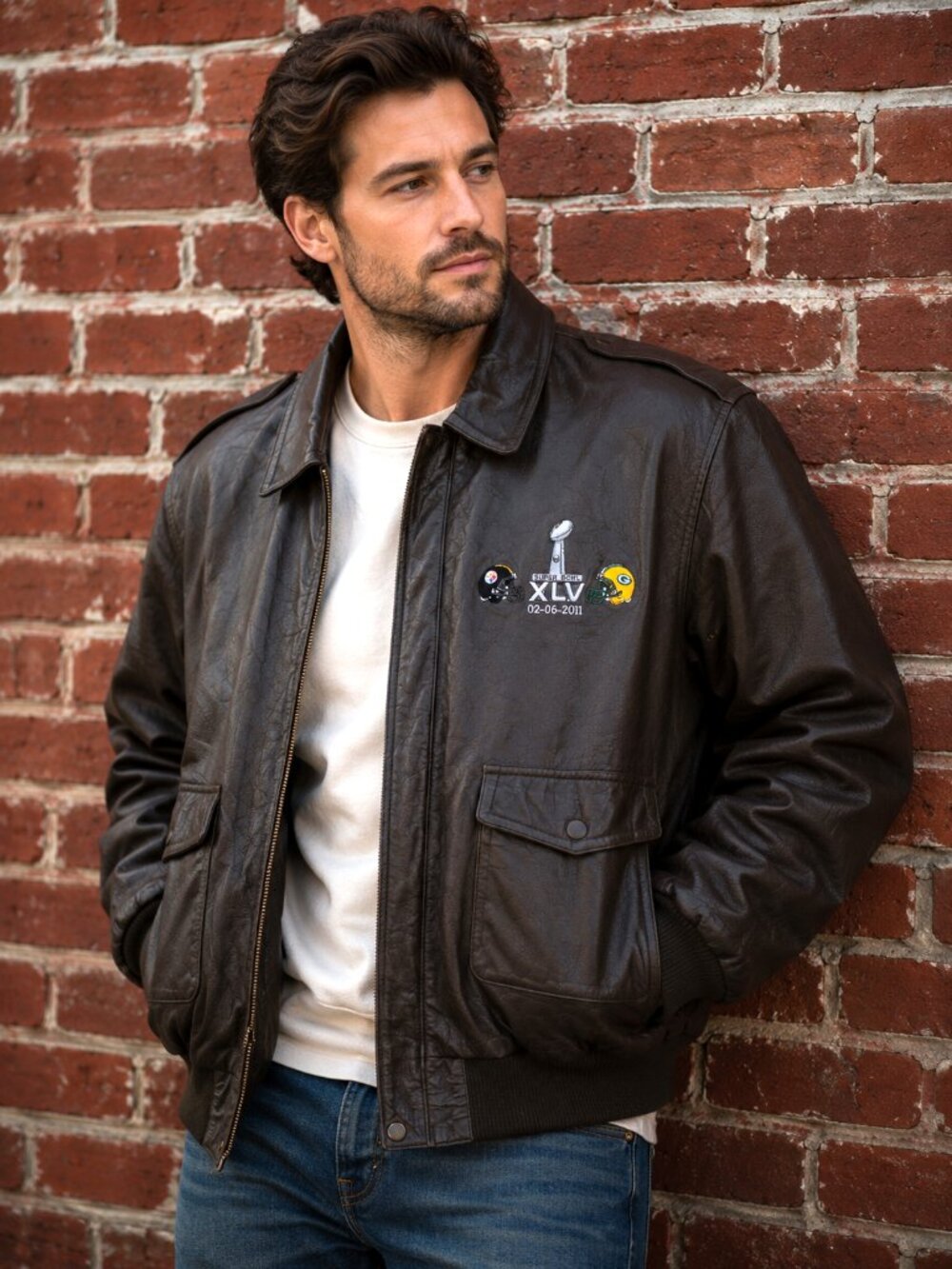 Burks Bay Super Bowl XLV Leather Bomber Jacket Mens Medium Brown NFL